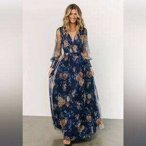 Baltic Born Layla Tulle Maxi Dress. Color blue+golden floral.